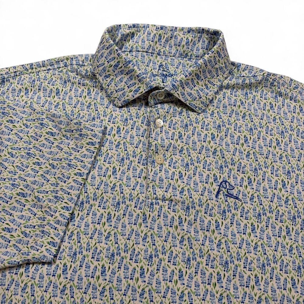Rhoback "The Bluebonnet" Performance Golf Polo Shirt Men's Large Floral